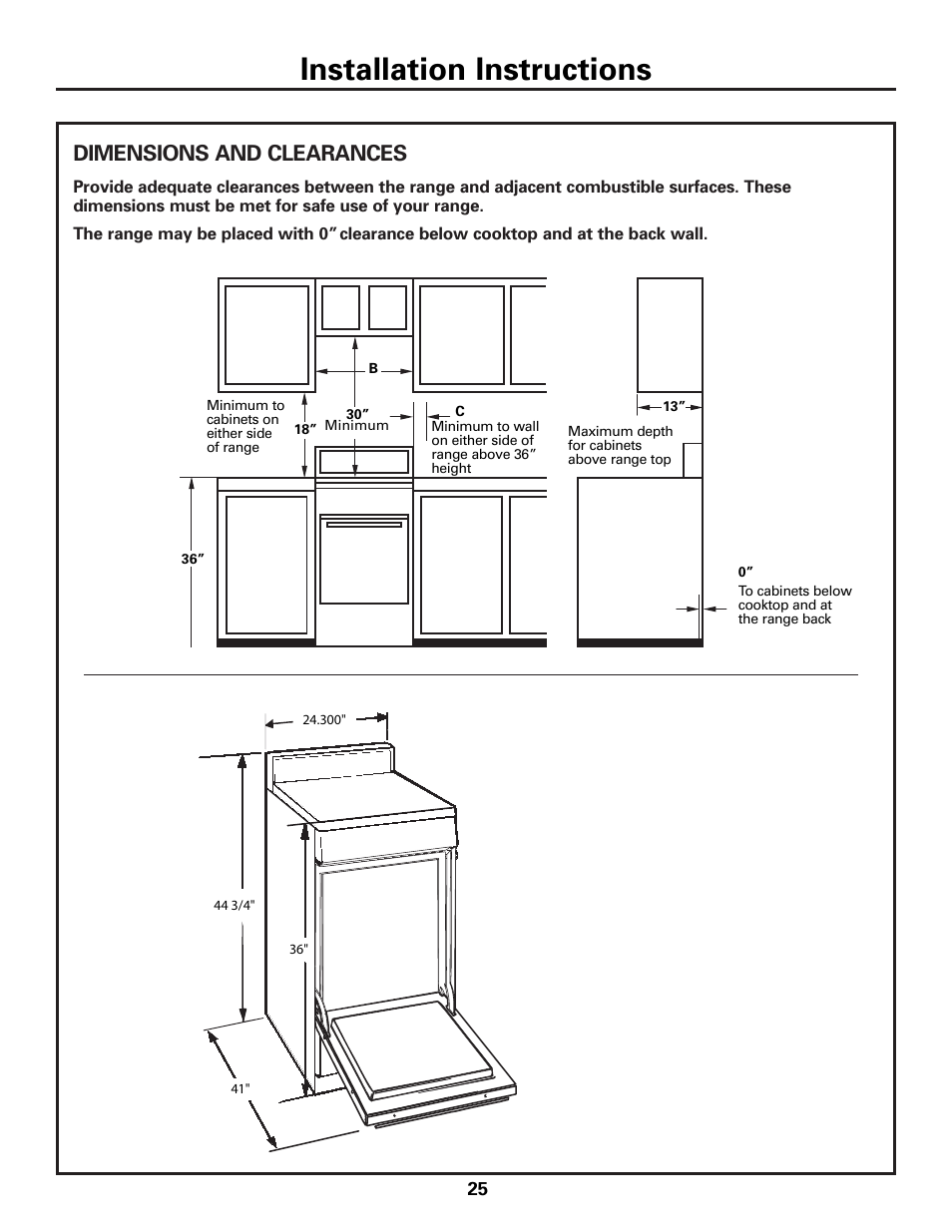 Installation instructions, Dimensions and clearances | GE JGAS02SENSS User Manual | Page 25 / 36