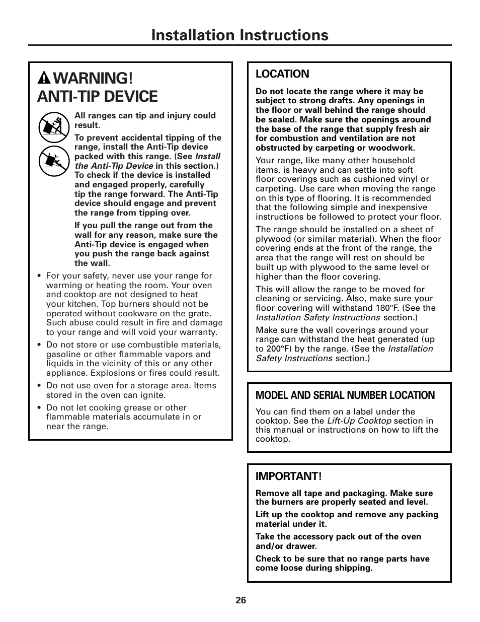 Installation instructions warning! anti-tip device | GE JGAS02SENSS User Manual | Page 26 / 36