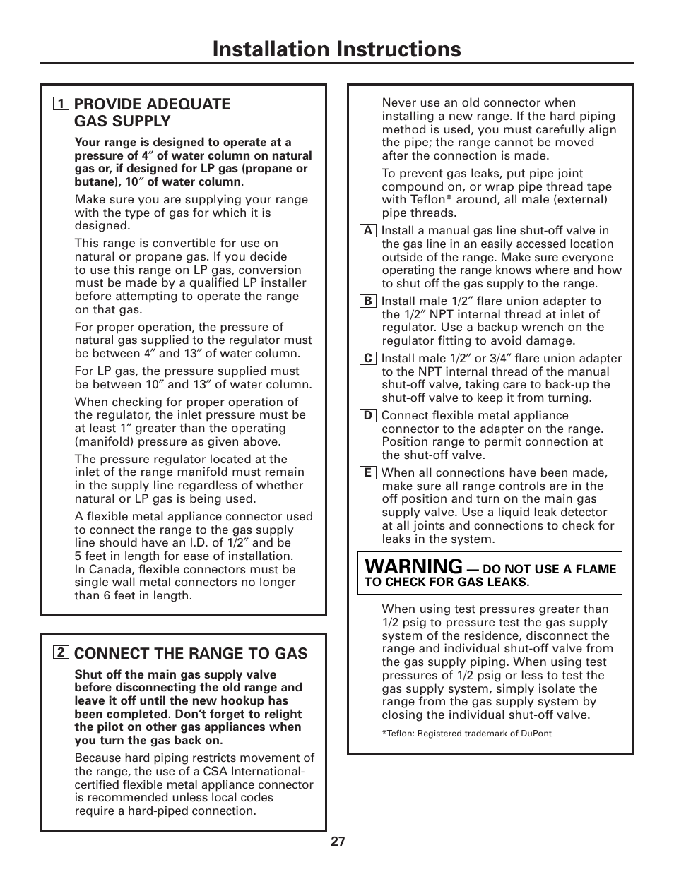 Installation instructions, Warning | GE JGAS02SENSS User Manual | Page 27 / 36