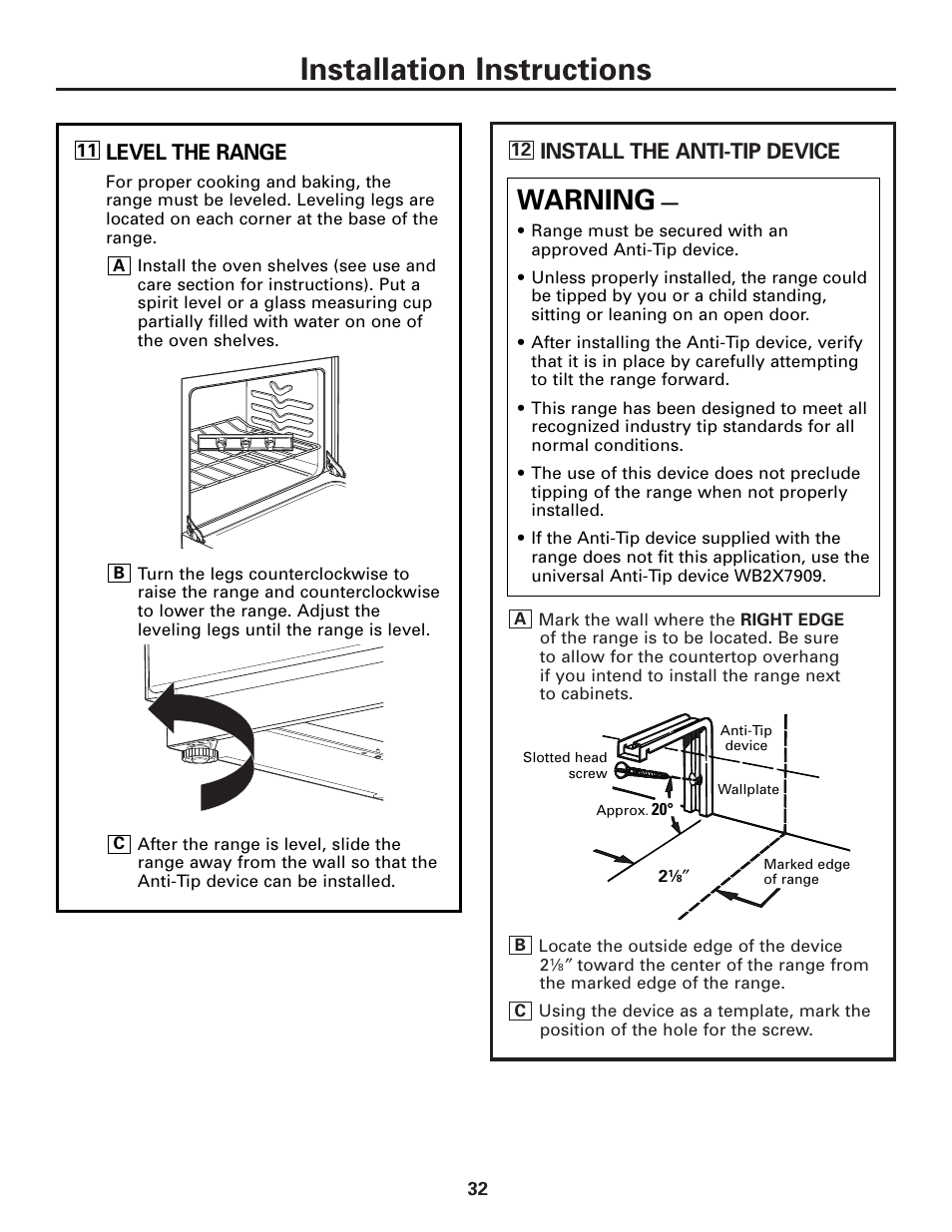 Installation instructions, Warning, Install the anti-tip device | Level the range | GE JGAS02SENSS User Manual | Page 32 / 36