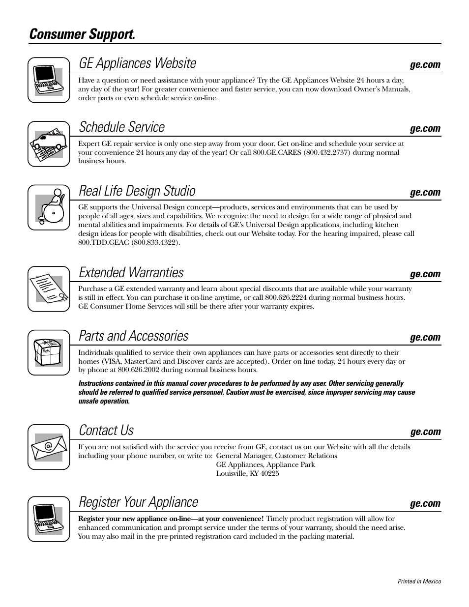 Consumer support. ge appliances website, Schedule service, Real life design studio | Extended warranties, Parts and accessories, Contact us, Register your appliance | GE JGAS02SENSS User Manual | Page 36 / 36