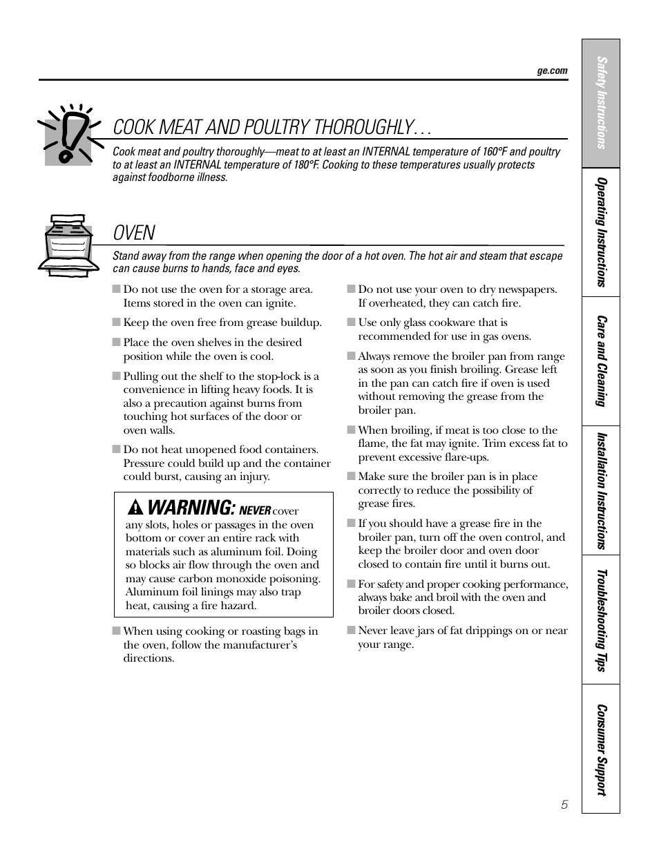 Oven cook meat and poultry thoroughly, Warning | GE JGAS02SENSS User Manual | Page 5 / 36