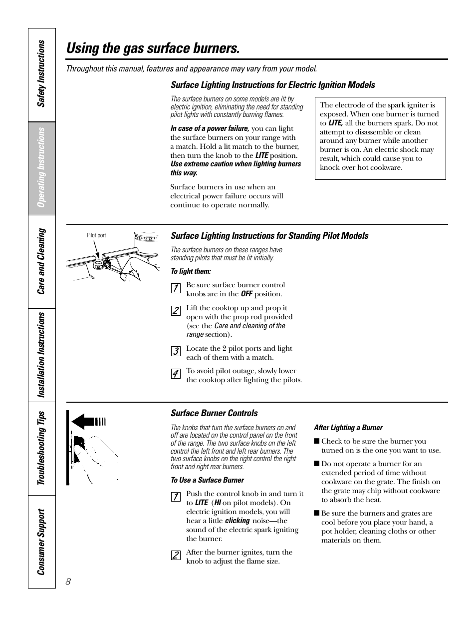 Using the gas surface burners | GE JGAS02SENSS User Manual | Page 8 / 36