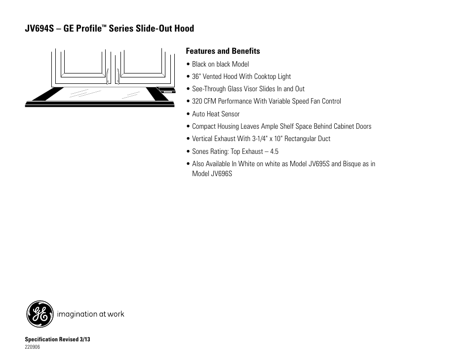 Jv694s – ge profile, Series slide-out hood | GE JV694SBB User Manual | Page 2 / 2