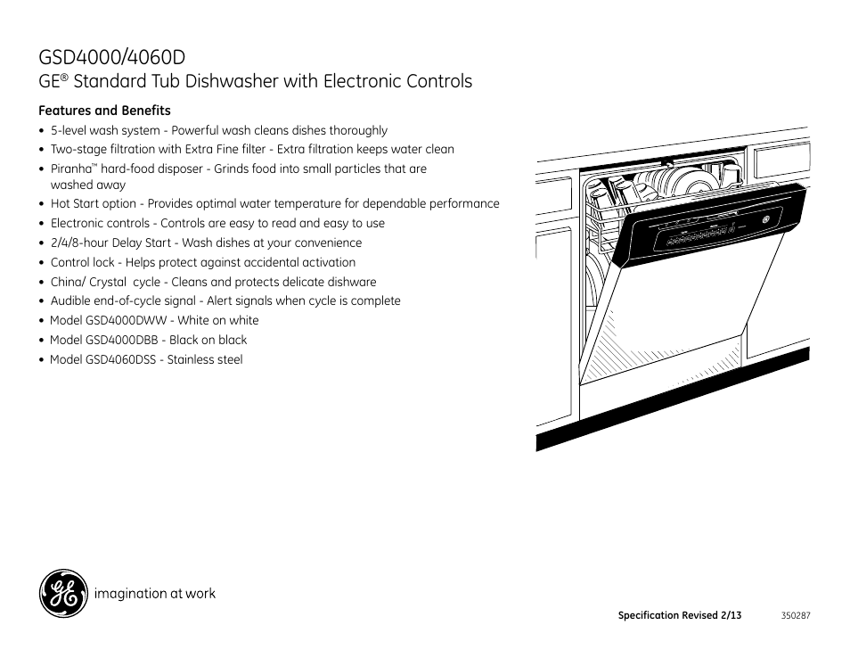 Standard tub dishwasher with electronic controls | GE GSD4000DBB User Manual | Page 2 / 2