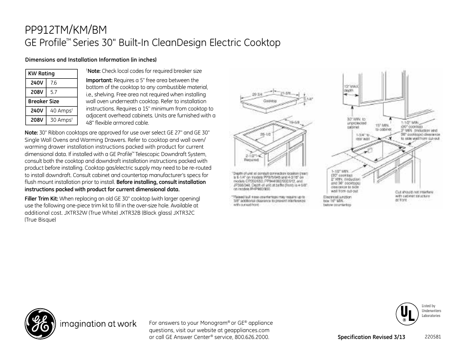 GE PP912KMCC User Manual | 2 pages
