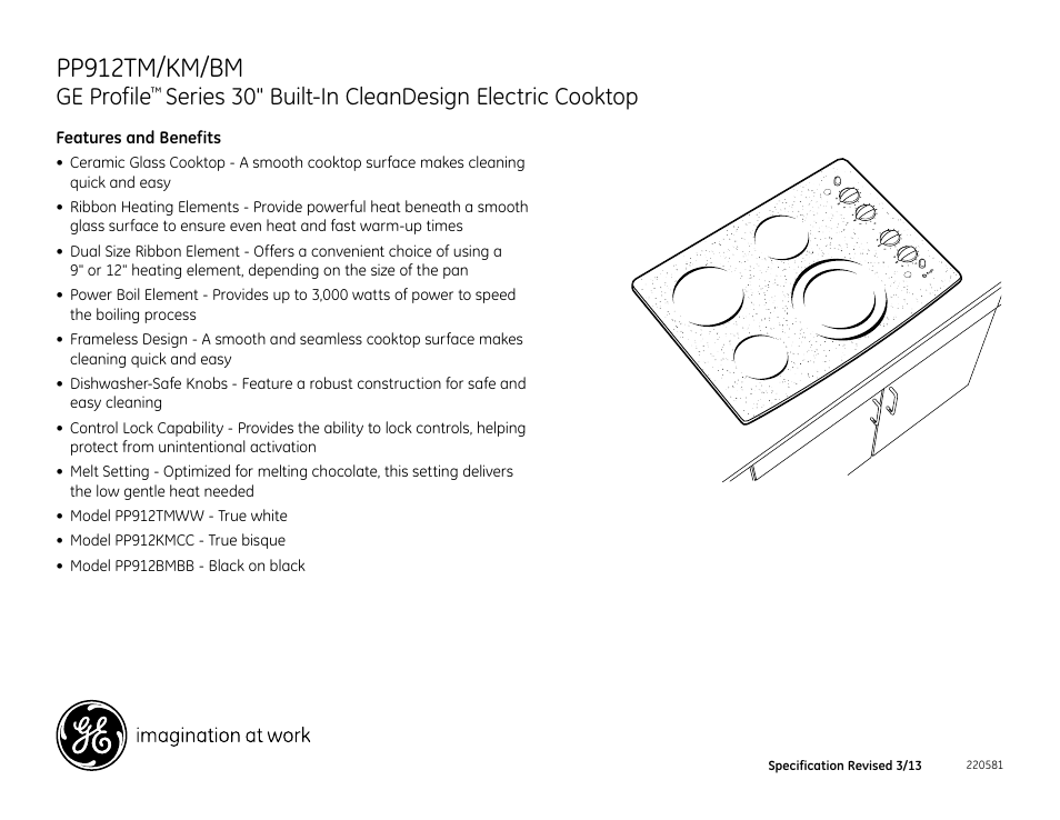 Pp912tm/km/bm, Ge profile, Series 30" built-in cleandesign electric cooktop | GE PP912KMCC User Manual | Page 2 / 2
