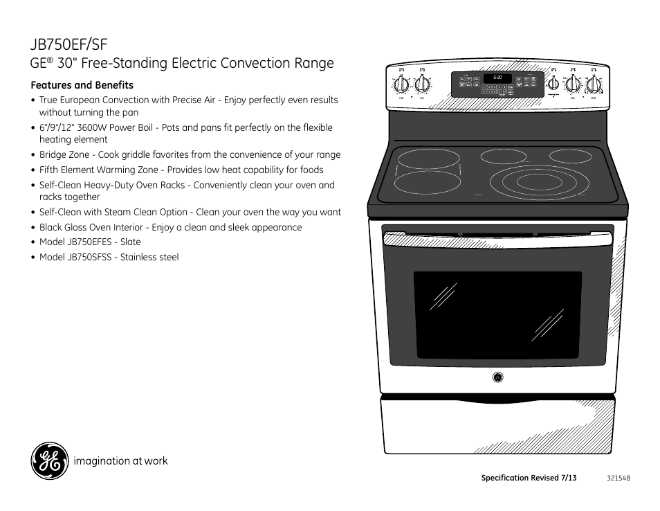 Jb750ef/sf, 30" free-standing electric convection range, Jb750sf | GE JB750SFSS User Manual | Page 2 / 2