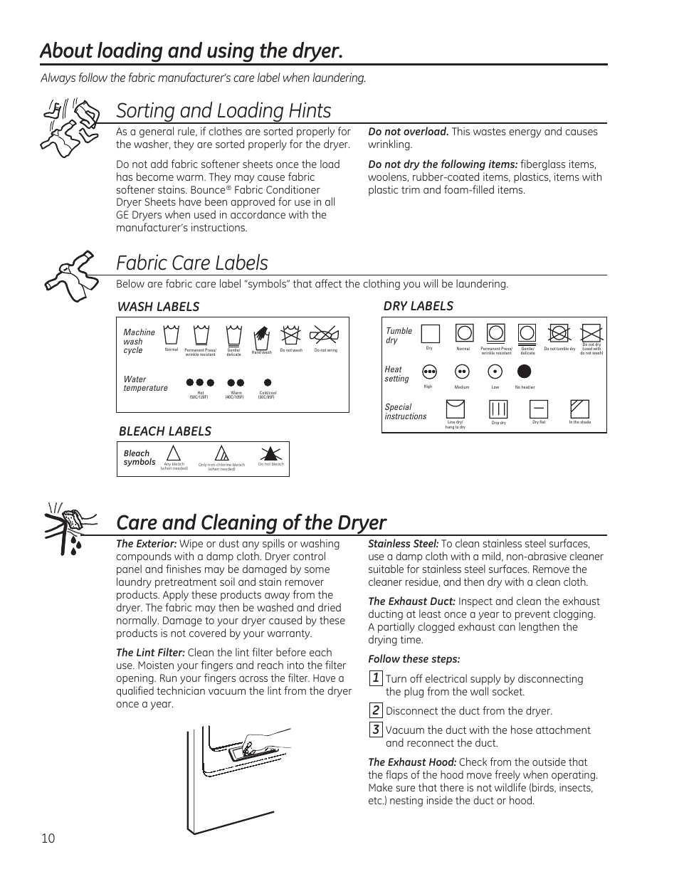 About loading and using the dryer, Sorting and loading hints, Care and cleaning of the dryer | Fabric care labels, Wash labels, Dry labels, Bleach labels | GE GTDP520GDWW User Manual | Page 10 / 32