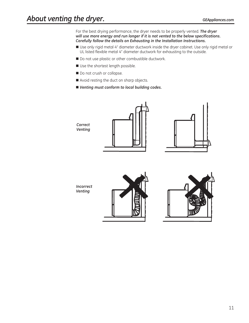 About venting the dryer | GE GTDP520GDWW User Manual | Page 11 / 32