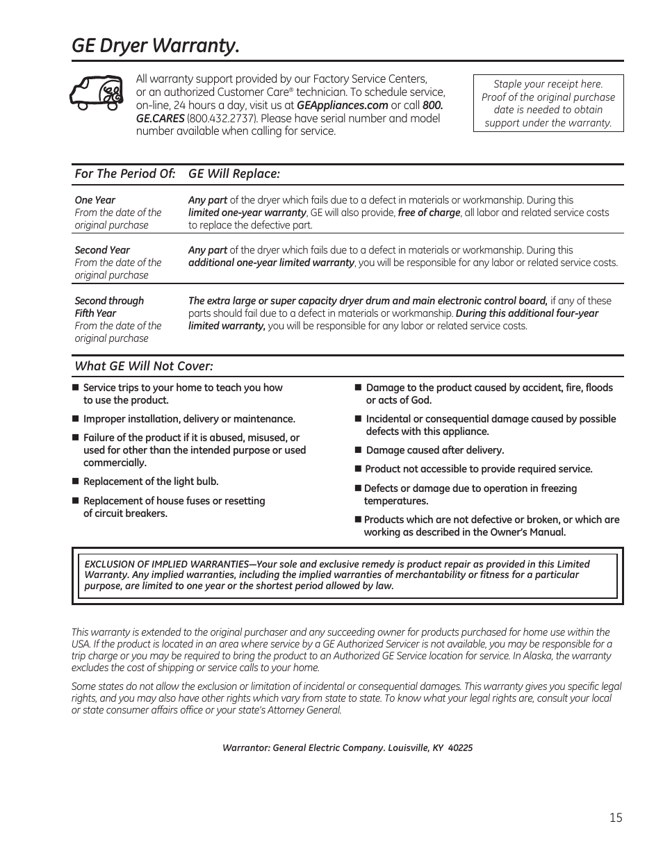 Ge dryer warranty | GE GTDP520GDWW User Manual | Page 15 / 32