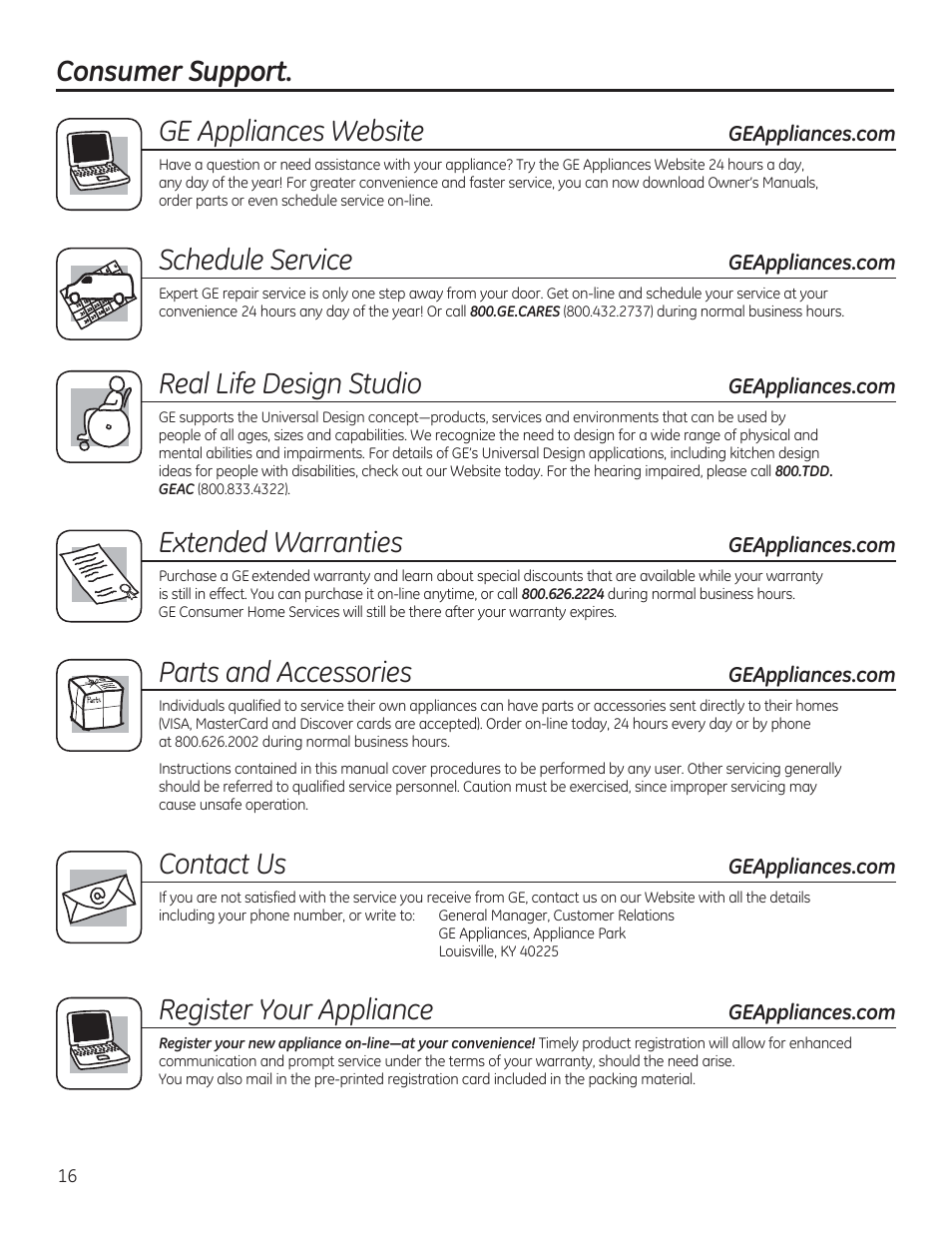 Consumer support. ge appliances website, Schedule service, Real life design studio | Extended warranties, Parts and accessories, Contact us, Register your appliance | GE GTDP520GDWW User Manual | Page 16 / 32