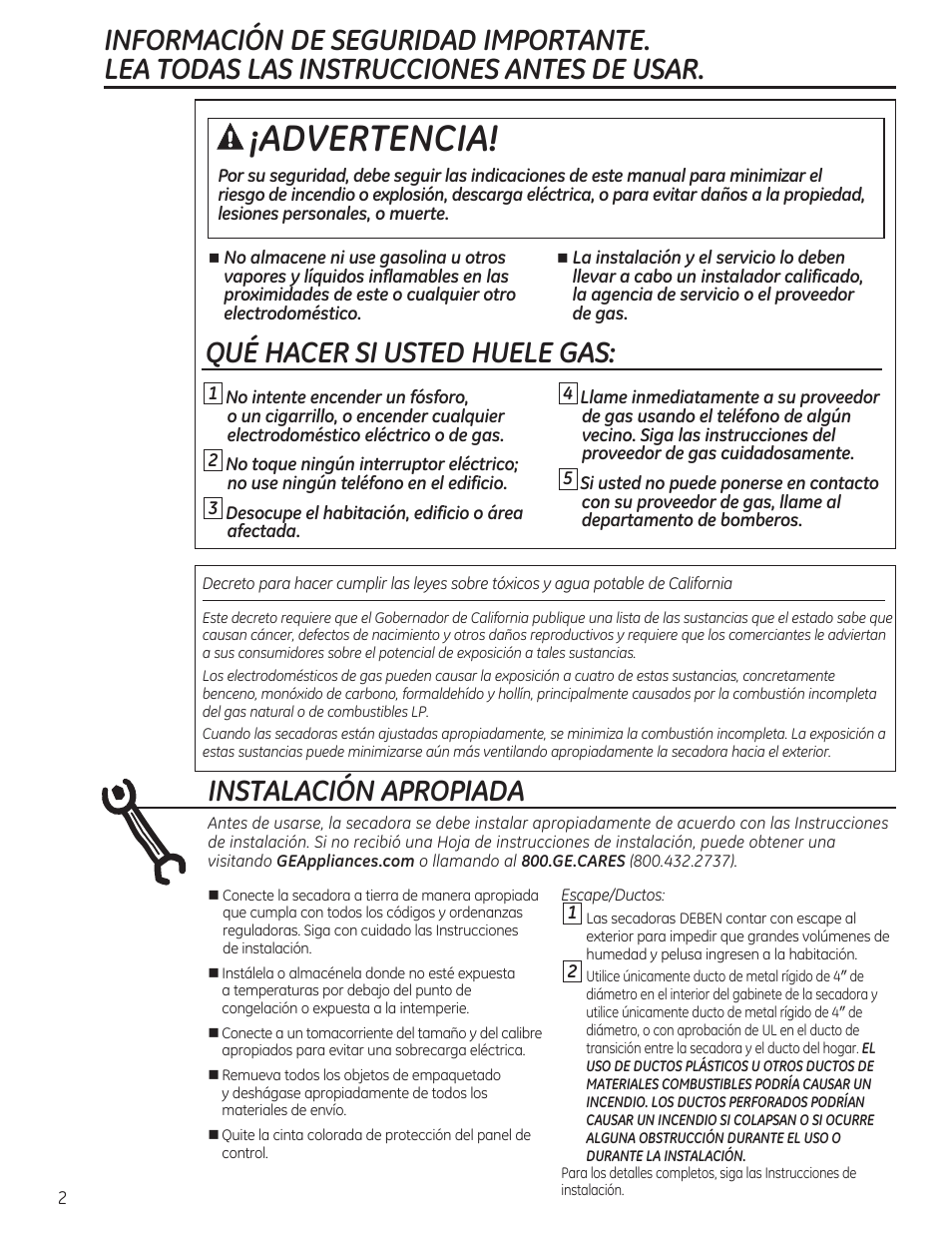 Advertencia, Qué hacer si usted huele gas, Instalación apropiada | GE GTDP520GDWW User Manual | Page 18 / 32