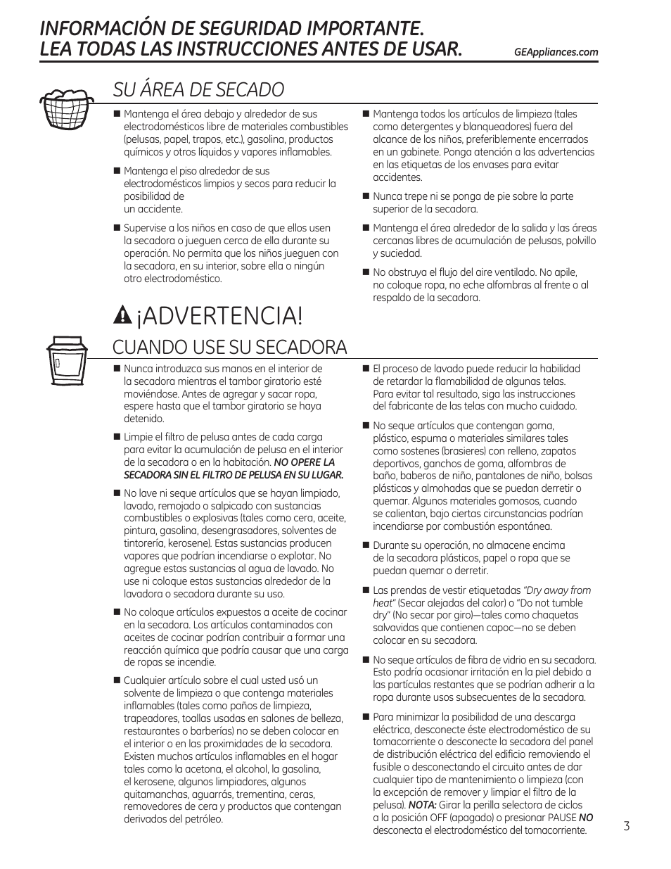 Advertencia, Su área de secado, Cuando use su secadora | GE GTDP520GDWW User Manual | Page 19 / 32