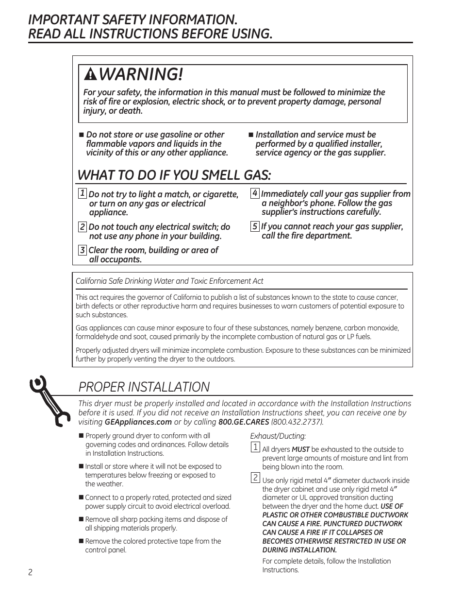 Warning, What to do if you smell gas, Proper installation | GE GTDP520GDWW User Manual | Page 2 / 32