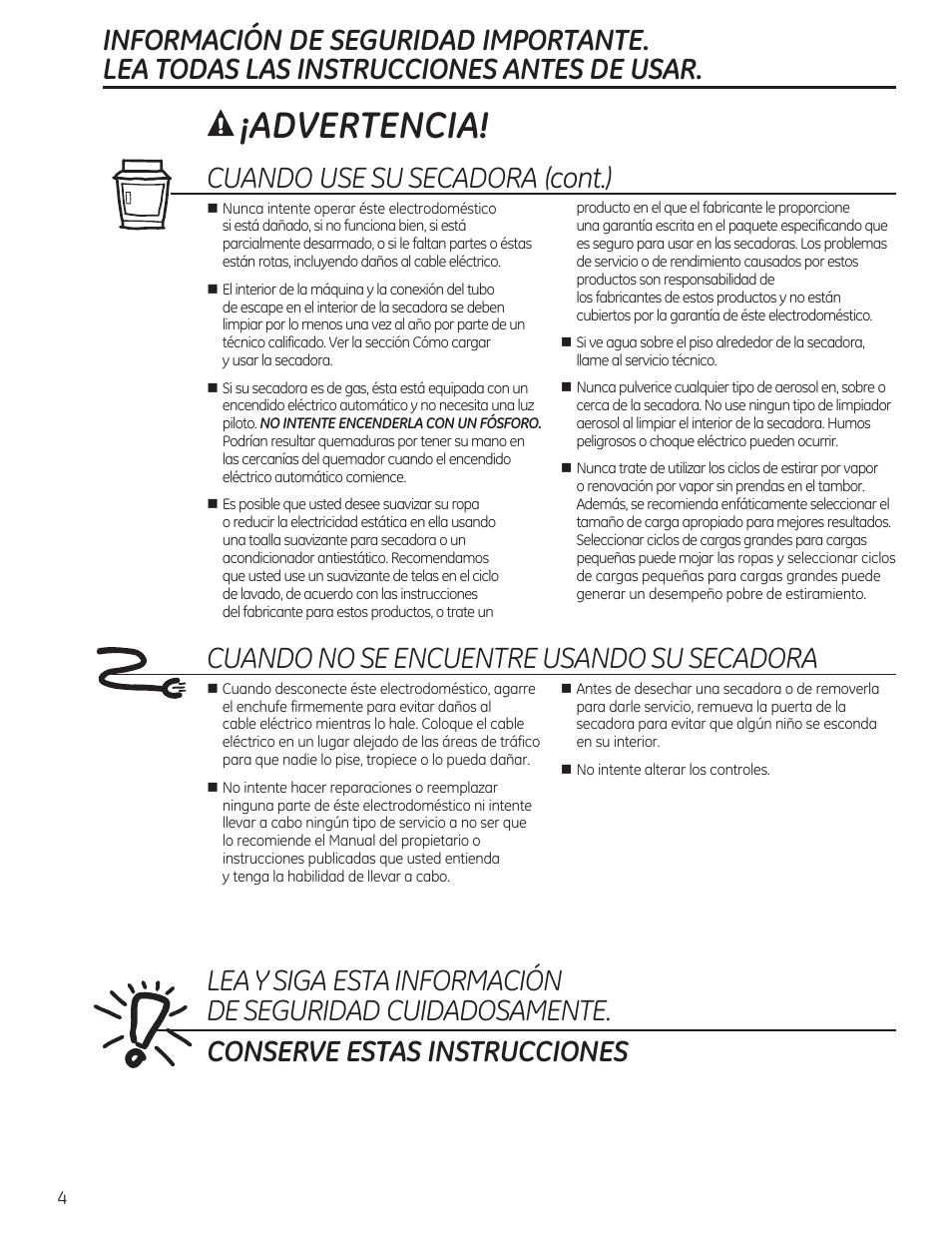 Advertencia, Cuando use su secadora (cont.) | GE GTDP520GDWW User Manual | Page 20 / 32