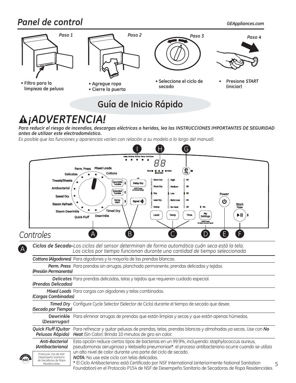 Advertencia, Panel de control, Guía de inicio rápido | Controles, Agregue ropa • cierre la puerta | GE GTDP520GDWW User Manual | Page 21 / 32