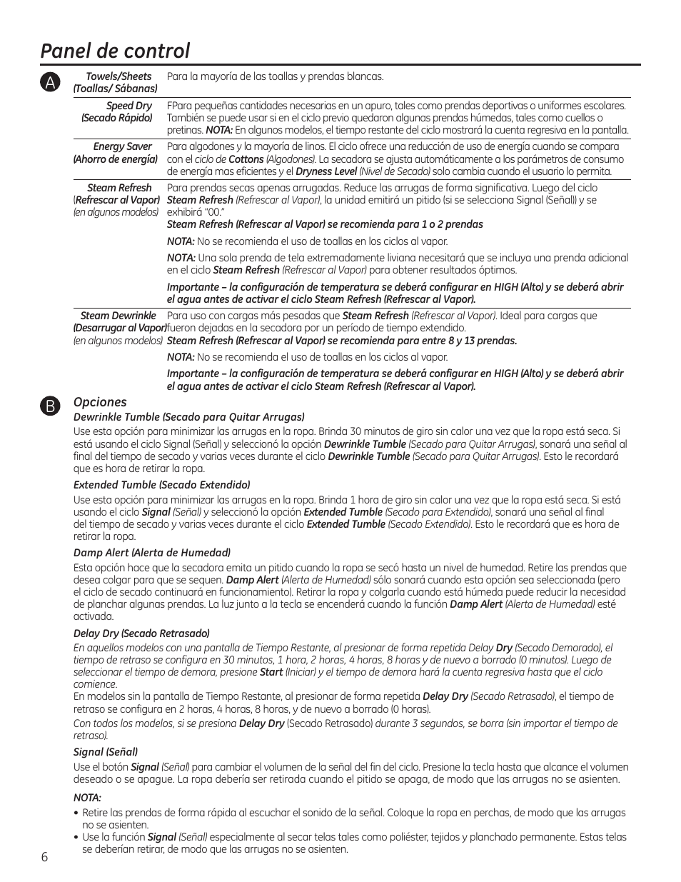 Panel de control | GE GTDP520GDWW User Manual | Page 22 / 32