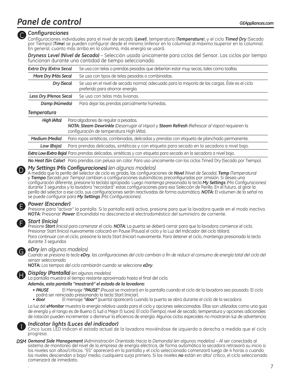 Panel de control | GE GTDP520GDWW User Manual | Page 23 / 32