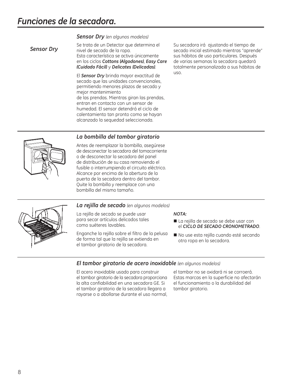 Funciones de la secadora | GE GTDP520GDWW User Manual | Page 24 / 32