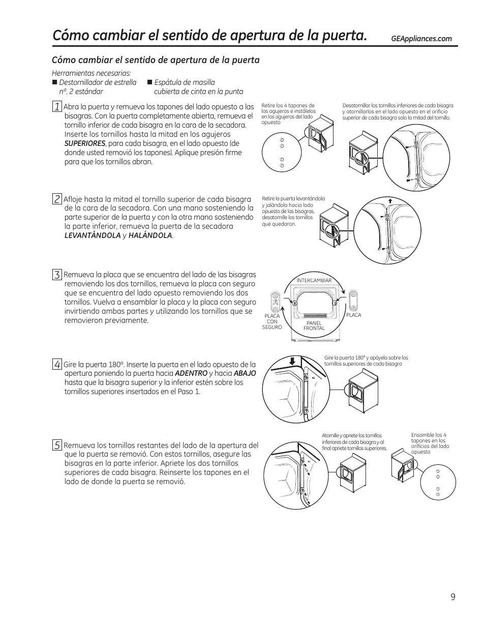 Cómo cambiar el sentido de apertura de la puerta | GE GTDP520GDWW User Manual | Page 25 / 32