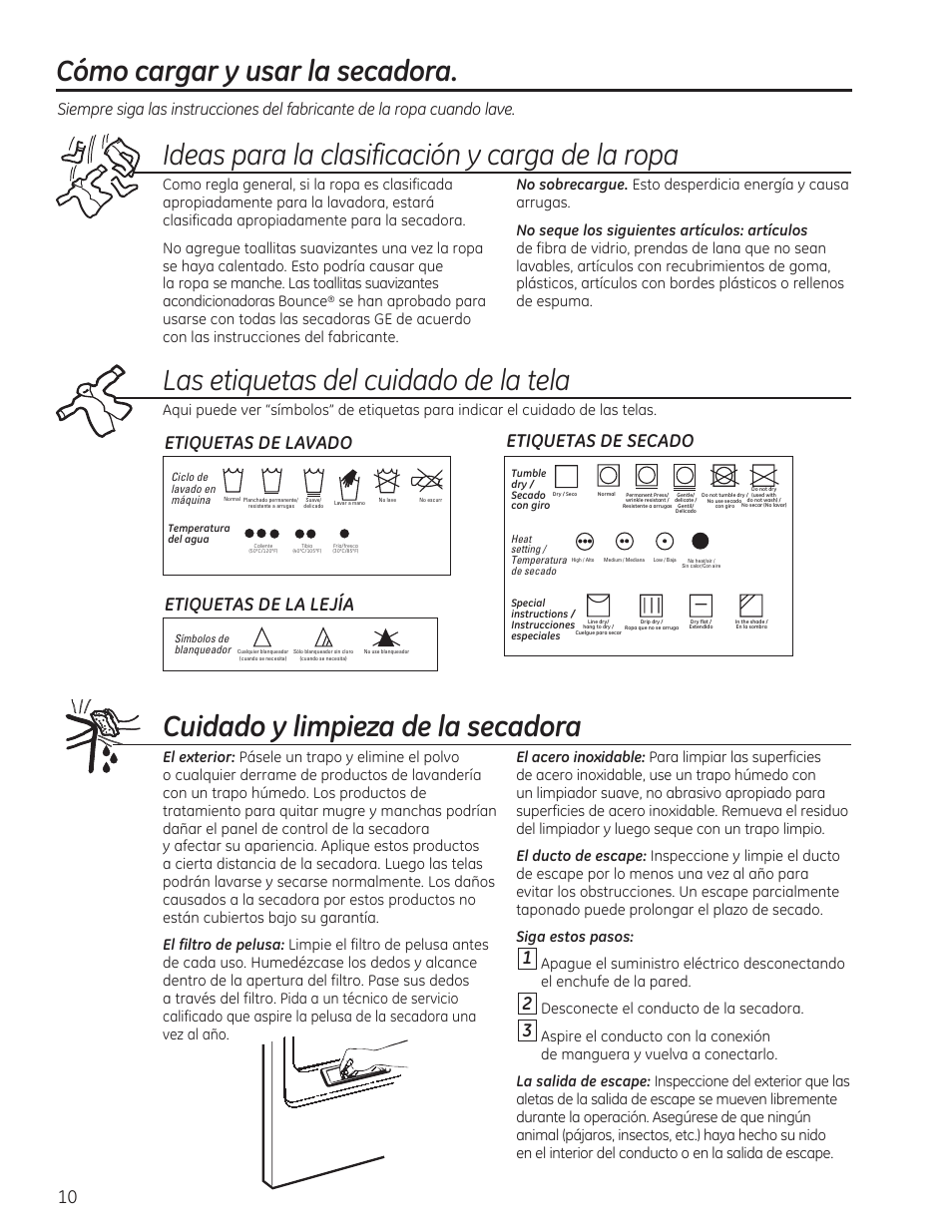 Cómo cargar y usar la secadora, Ideas para la clasificación y carga de la ropa, Cuidado y limpieza de la secadora | Las etiquetas del cuidado de la tela, Desconecte el conducto de la secadora | GE GTDP520GDWW User Manual | Page 26 / 32