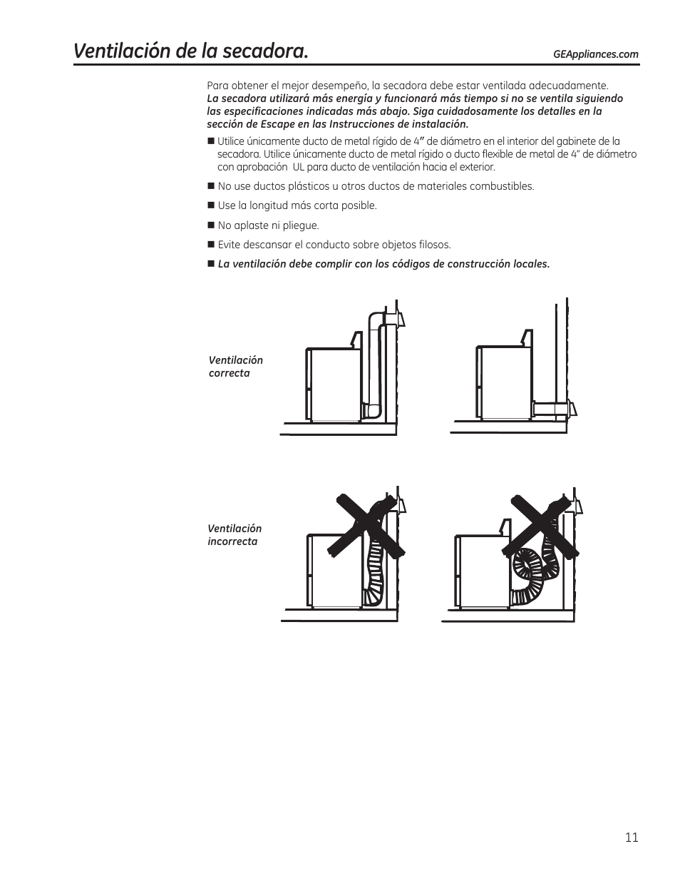 Ventilación de la secadora | GE GTDP520GDWW User Manual | Page 27 / 32