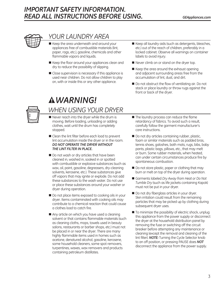 Warning, Your laundry area, When using your dryer | GE GTDP520GDWW User Manual | Page 3 / 32