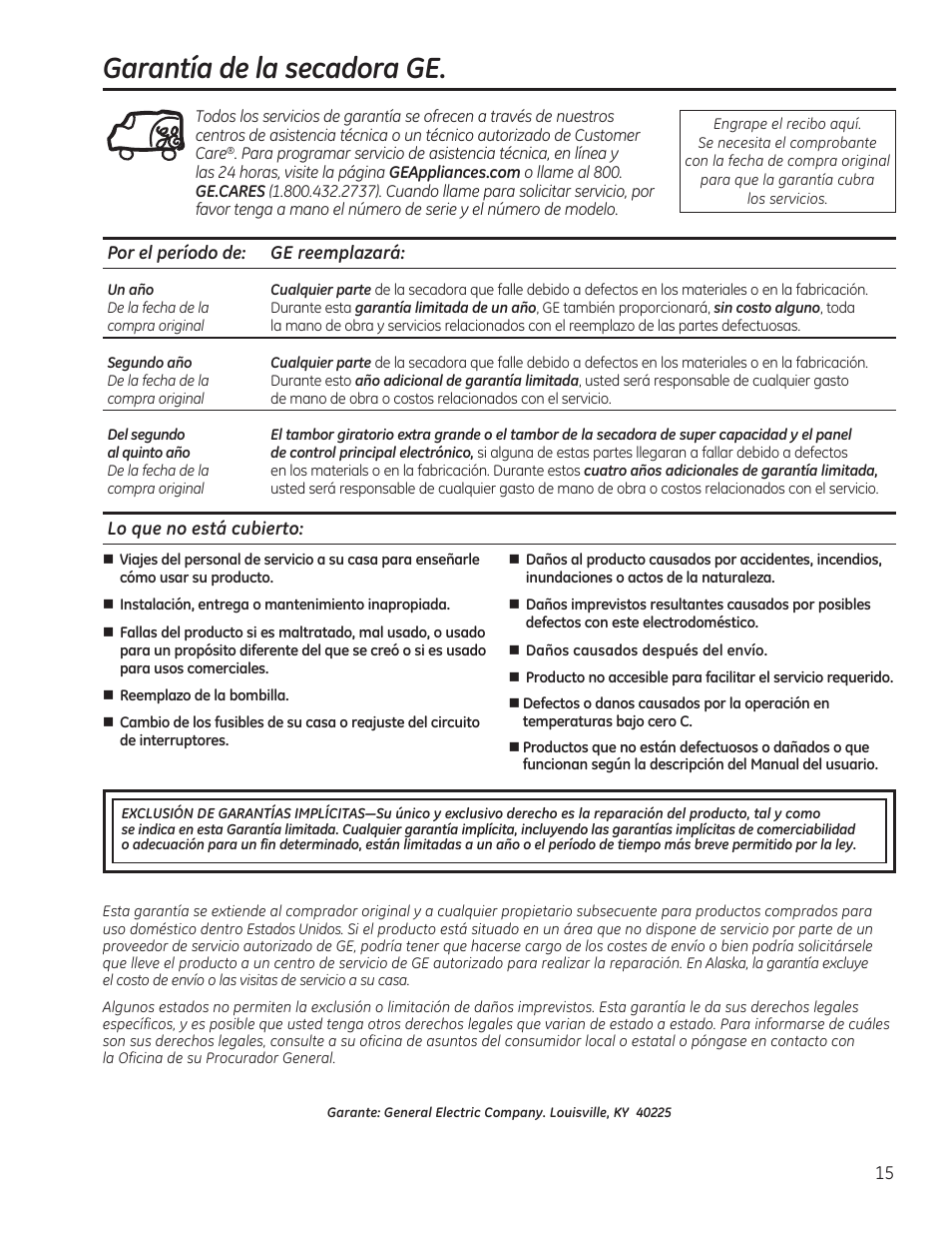 Garantía de la secadora ge | GE GTDP520GDWW User Manual | Page 31 / 32