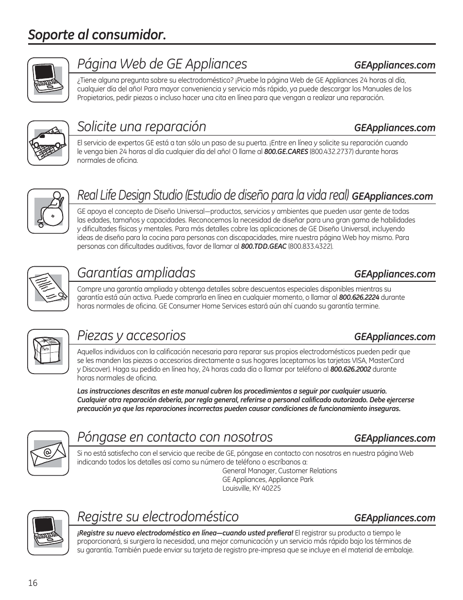 Soporte al consumidor. garantías ampliadas, Piezas y accesorios, Página web de ge appliances | Solicite una reparación, Póngase en contacto con nosotros, Registre su electrodoméstico | GE GTDP520GDWW User Manual | Page 32 / 32