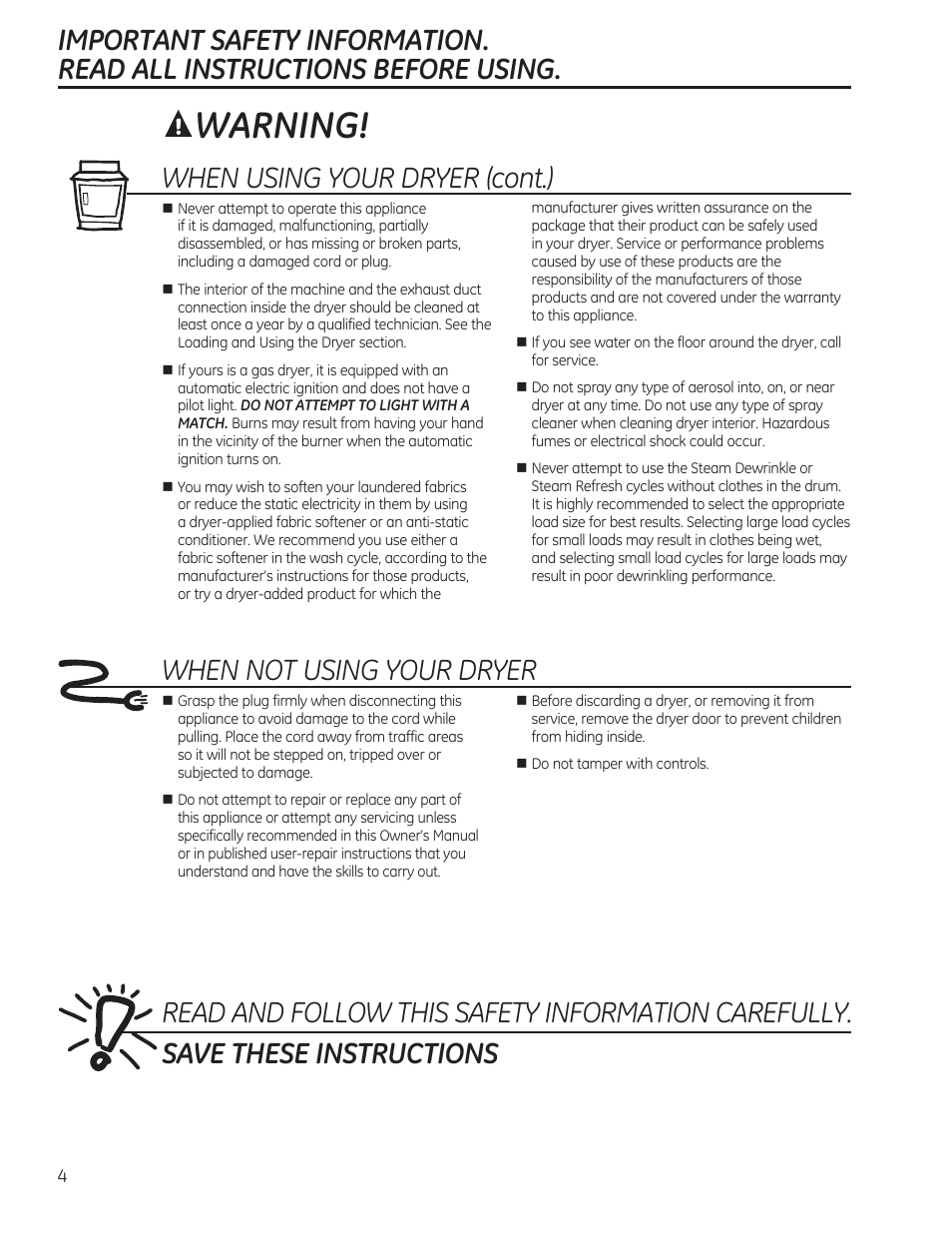 Warning, When using your dryer (cont.) | GE GTDP520GDWW User Manual | Page 4 / 32