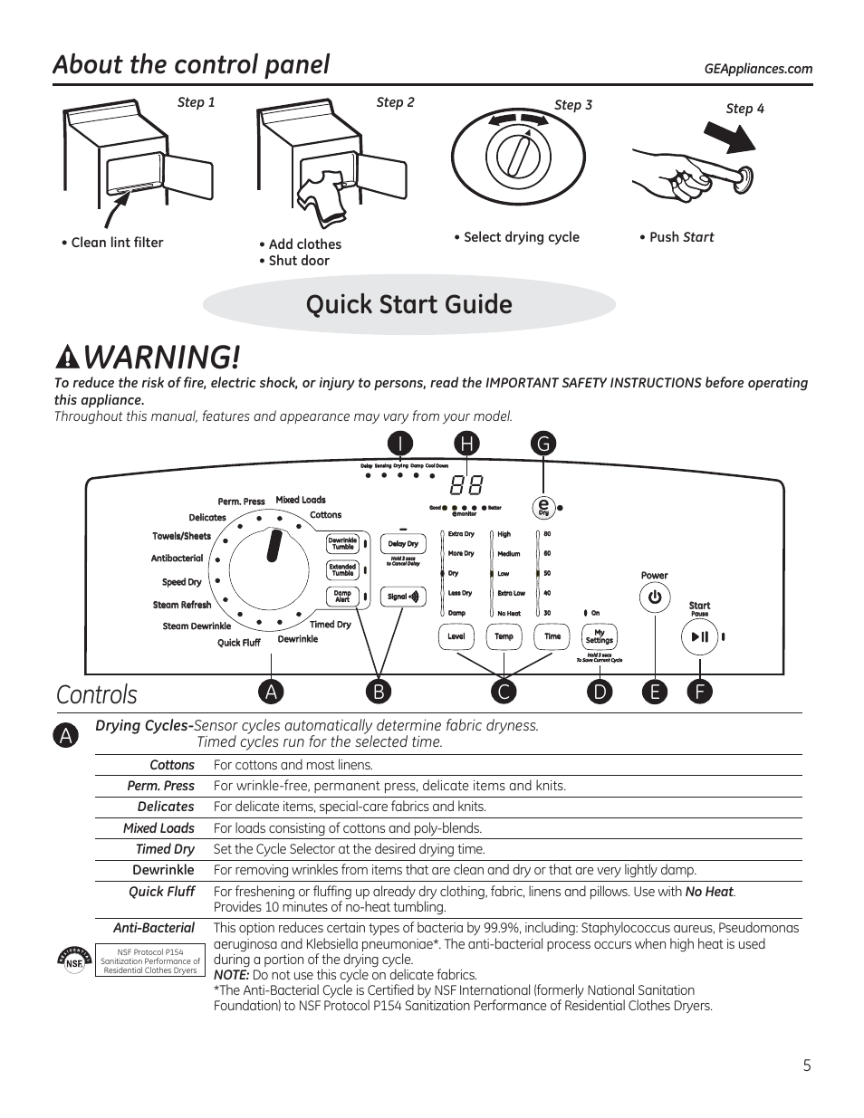 Warning, Quick start guide about the control panel, Controls | Add clothes • shut door | GE GTDP520GDWW User Manual | Page 5 / 32