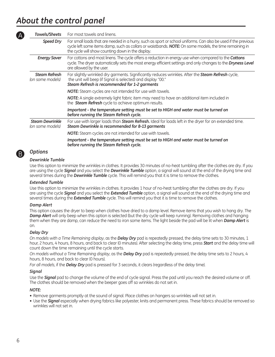 About the control panel | GE GTDP520GDWW User Manual | Page 6 / 32