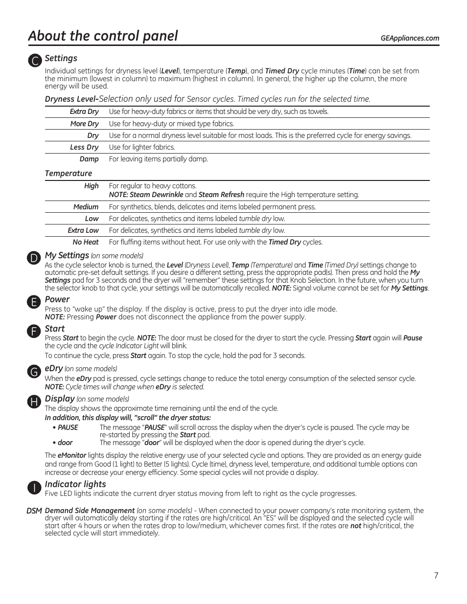 About the control panel | GE GTDP520GDWW User Manual | Page 7 / 32