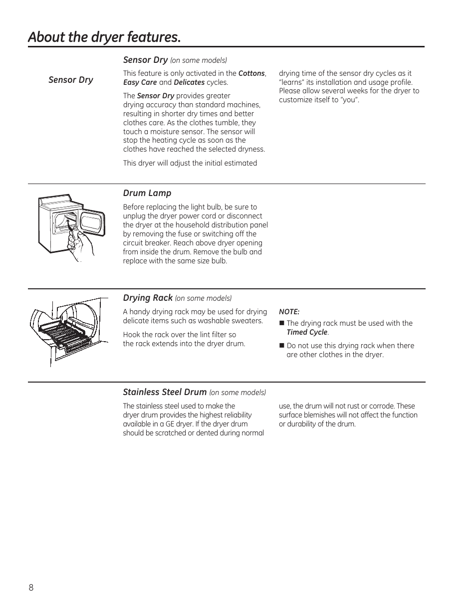 About the dryer features | GE GTDP520GDWW User Manual | Page 8 / 32