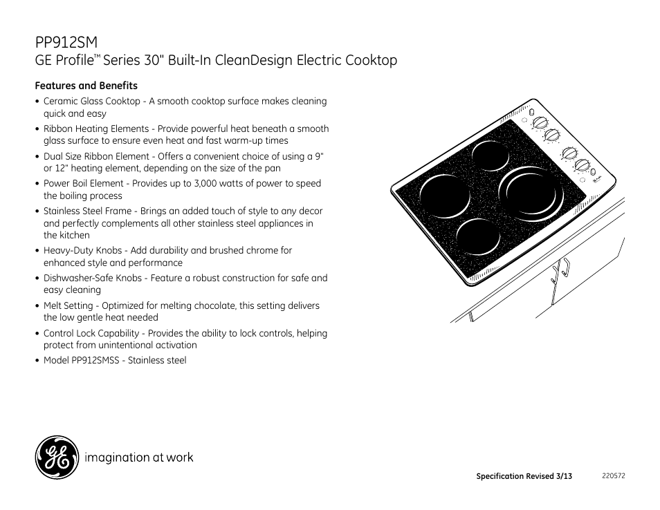 Pp912sm, Ge profile, Series 30" built-in cleandesign electric cooktop | GE PP912SMSS User Manual | Page 2 / 2