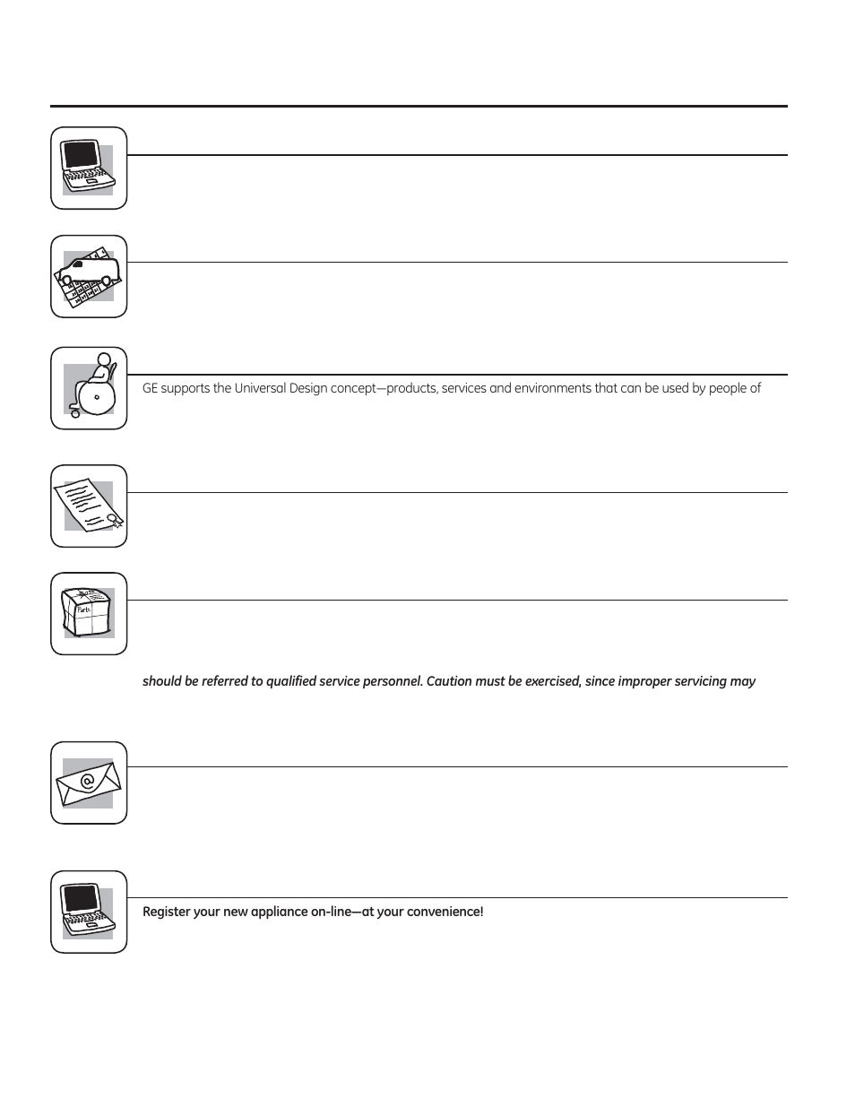 Consumer support. ge appliances website, Schedule service, Real life design studio | Extended warranties, Parts and accessories, Contact us, Register your appliance | GE GVS04BDWSS User Manual | Page 14 / 28