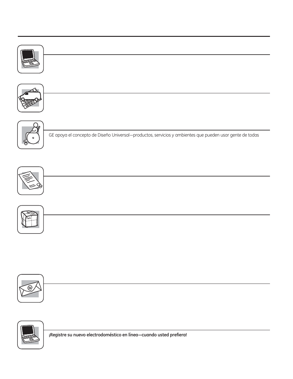 Página web de ge appliances, Solicite una reparación, Garantías ampliadas | Piezas y accesorios, Póngase en contacto con nosotros, Registre su electrodoméstico | GE GVS04BDWSS User Manual | Page 28 / 28