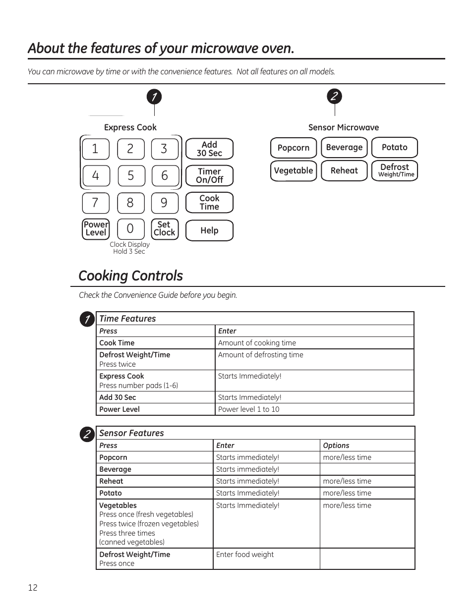 Cooking controls, About the features of your microwave oven | GE JVM6175RFSS User Manual | Page 12 / 60