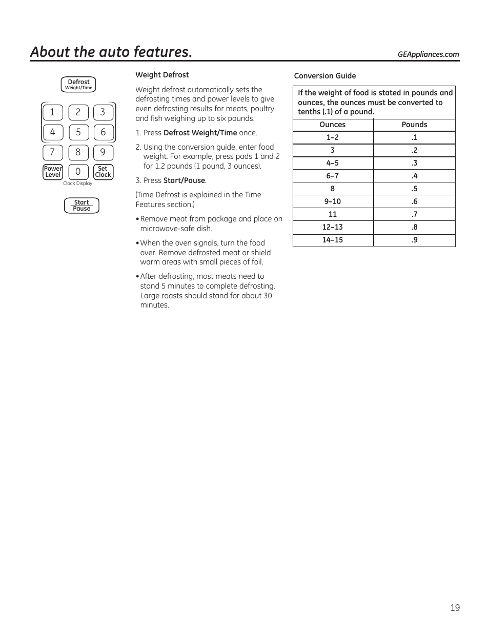 About the auto features | GE JVM6175RFSS User Manual | Page 19 / 60