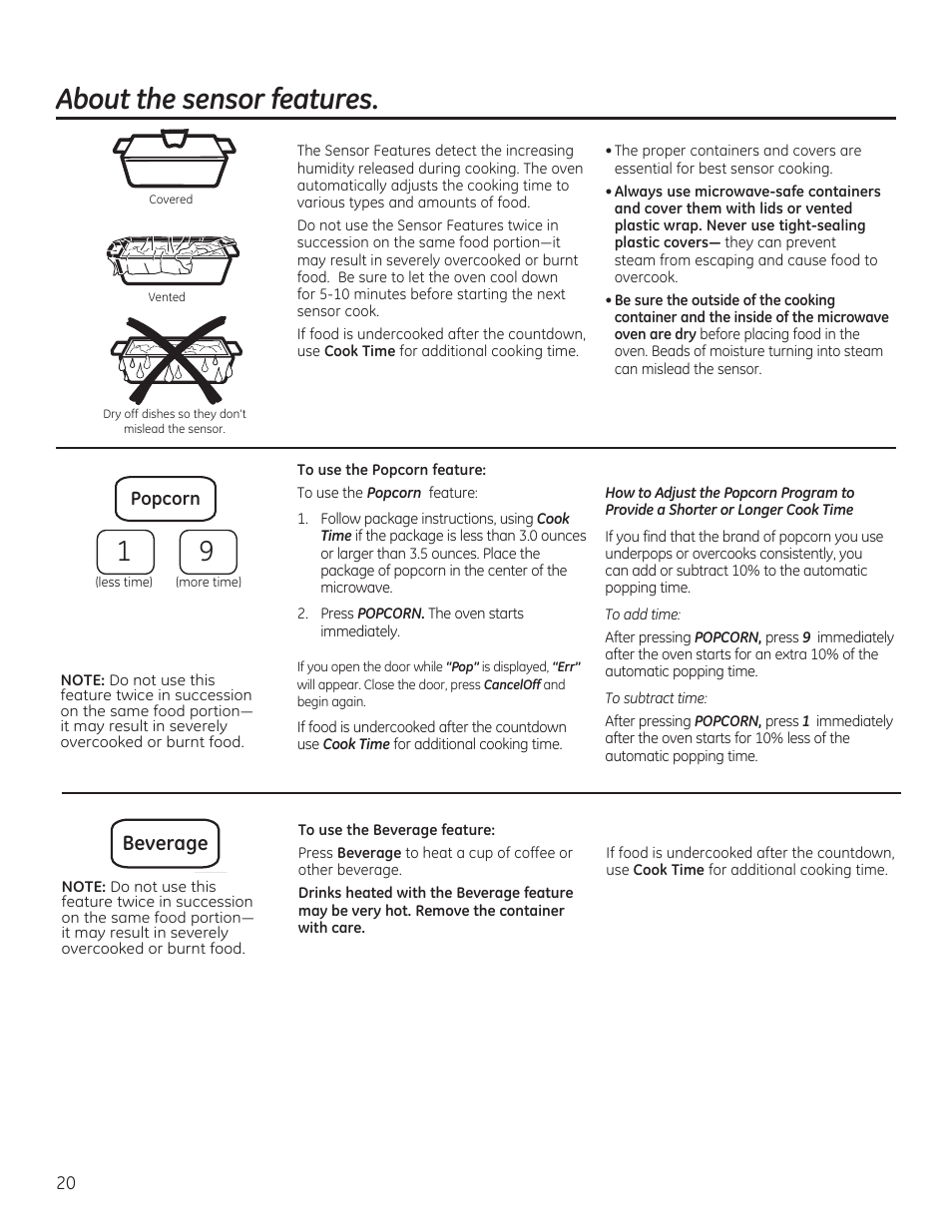 About the sensor features, Beverage | GE JVM6175RFSS User Manual | Page 20 / 60