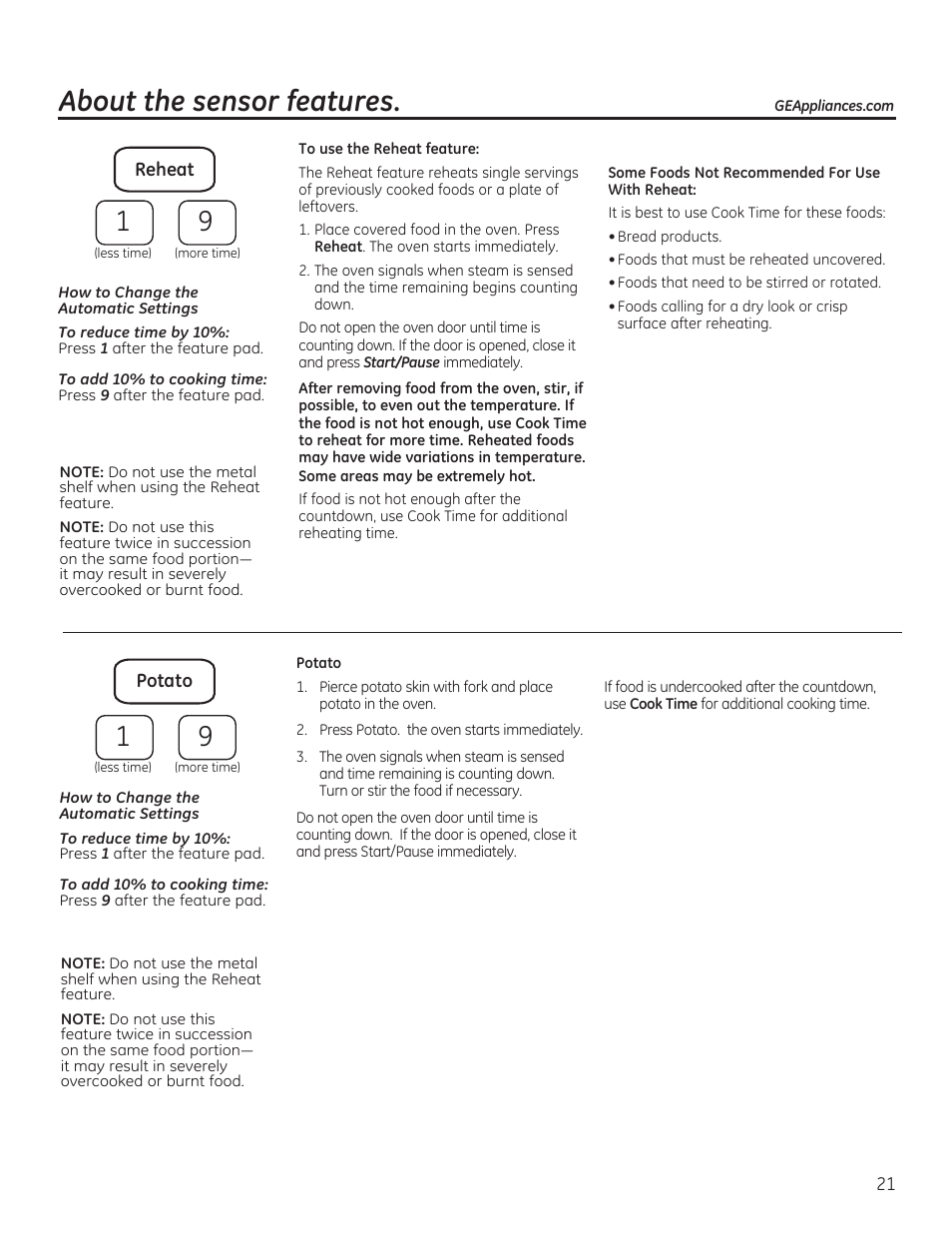 About the sensor features | GE JVM6175RFSS User Manual | Page 21 / 60