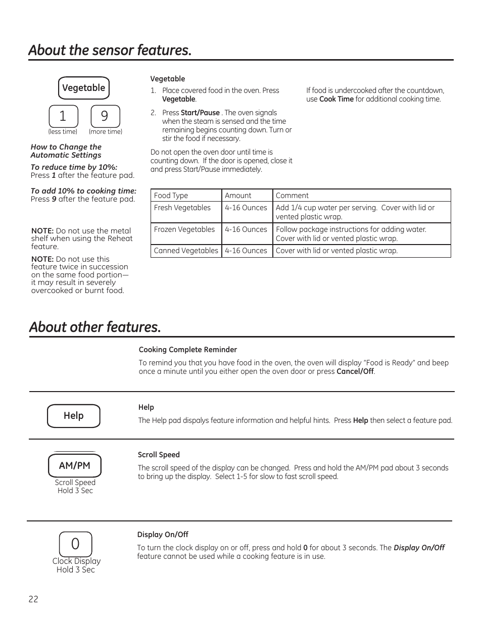 About the sensor features, About other features | GE JVM6175RFSS User Manual | Page 22 / 60