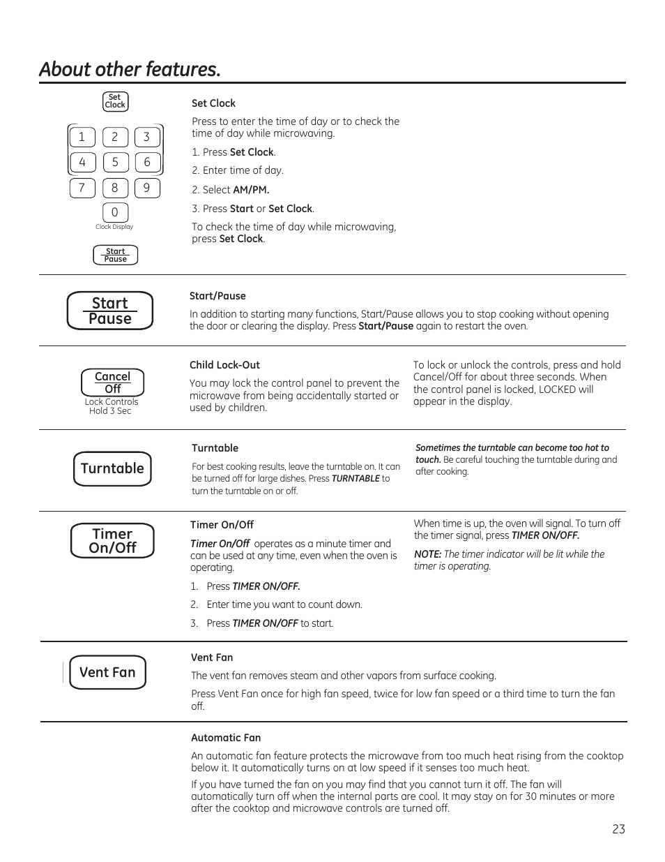 About other features, Start pause, Timer on/off | Turntable, Vent fan | GE JVM6175RFSS User Manual | Page 23 / 60