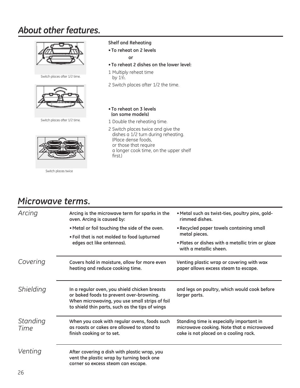 Microwave terms, About other features, Arcing | Covering, Shielding, Standing time, Venting | GE JVM6175RFSS User Manual | Page 26 / 60