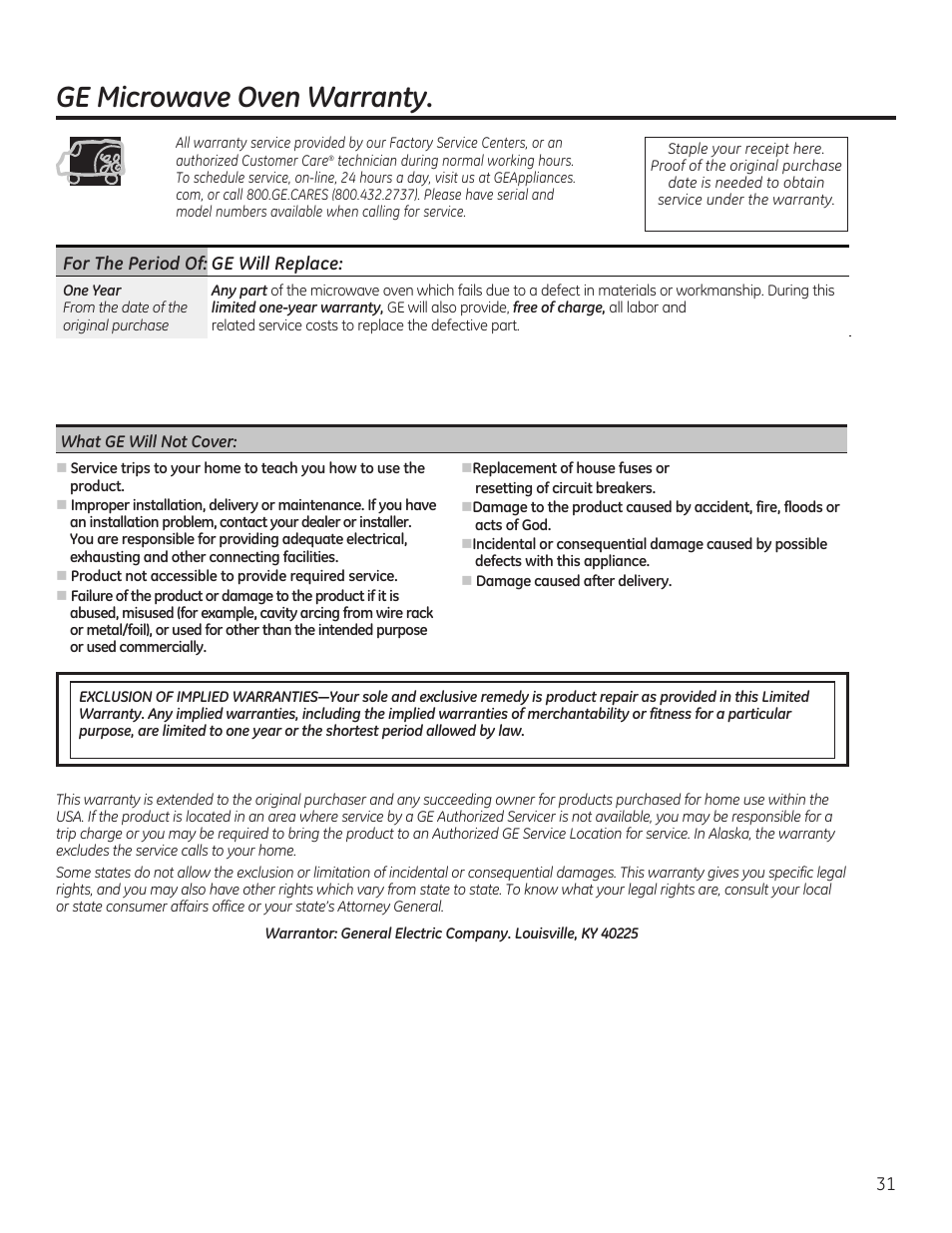 Ge microwave oven warranty | GE JVM6175RFSS User Manual | Page 31 / 60