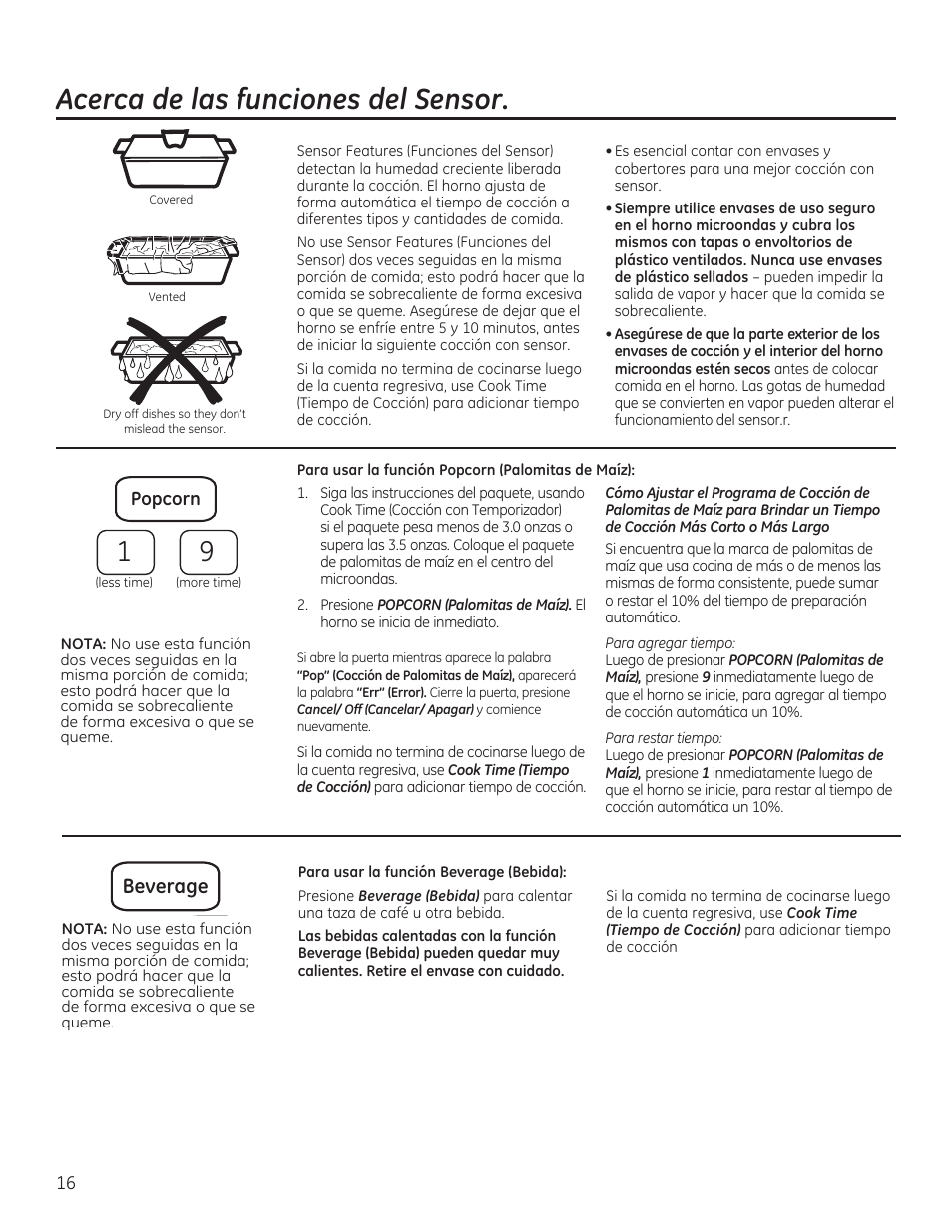 Acerca de las funciones del sensor, Beverage | GE JVM6175RFSS User Manual | Page 48 / 60