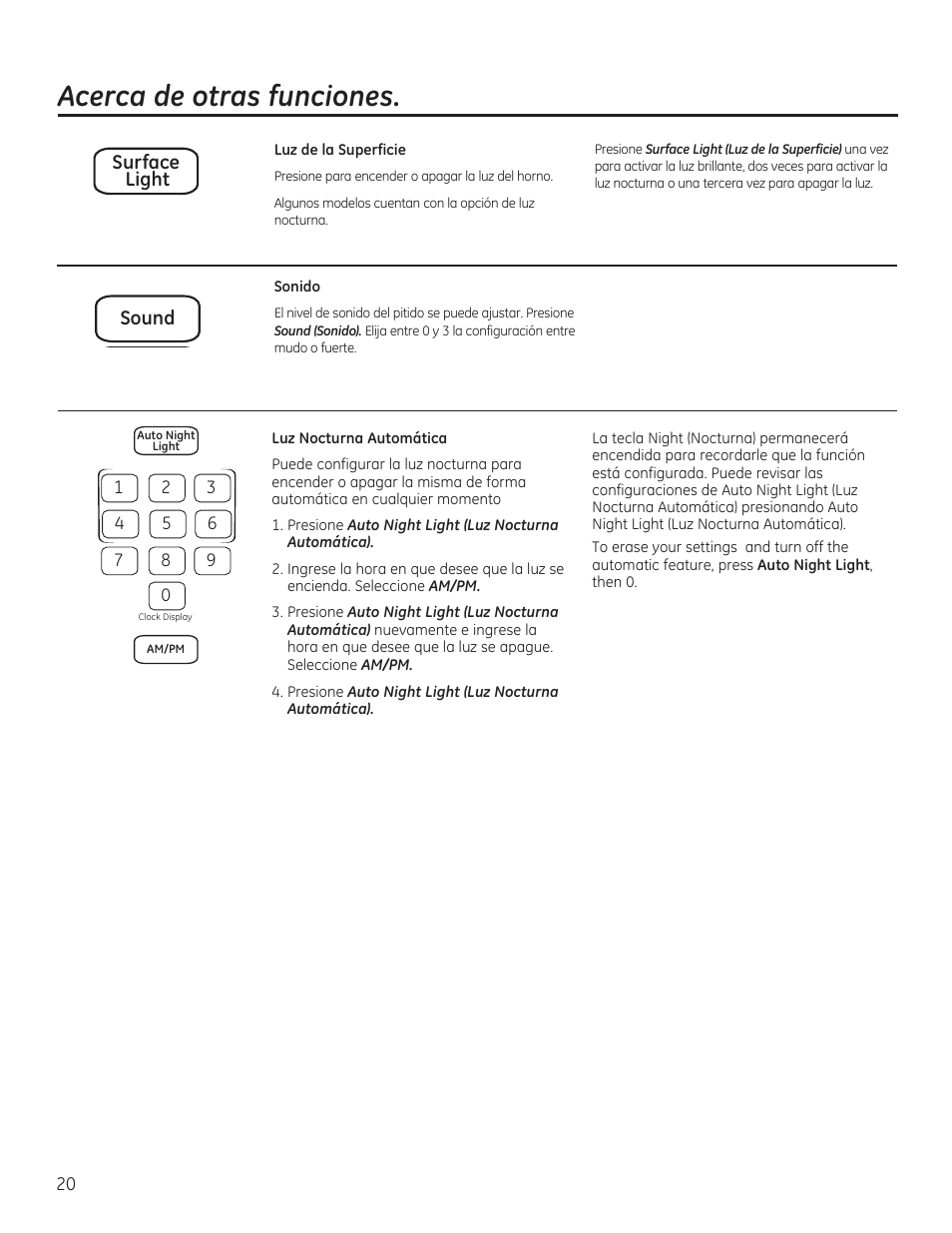 Acerca de otras funciones, Surface light sound | GE JVM6175RFSS User Manual | Page 52 / 60