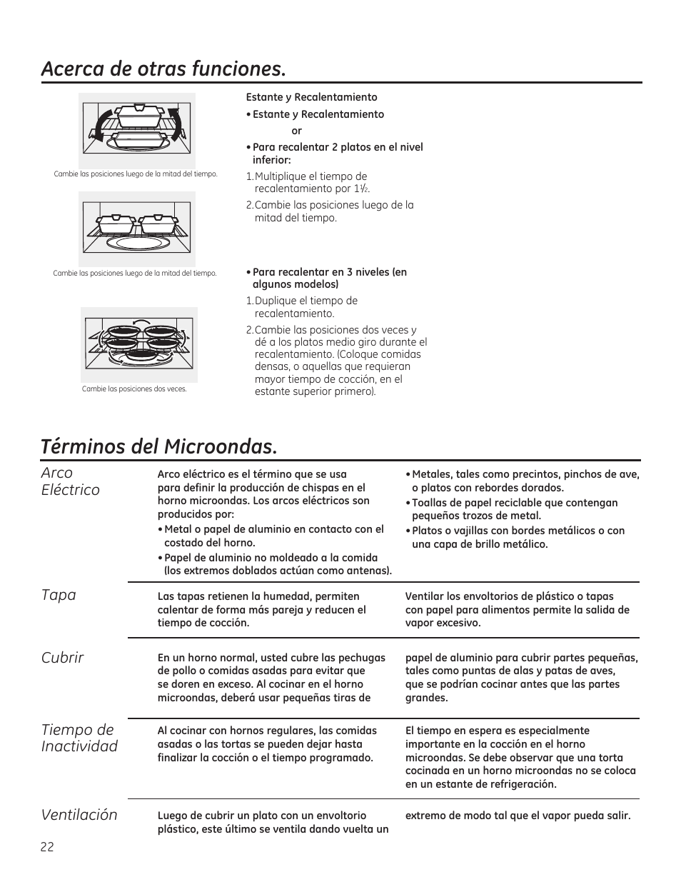 Términos del microondas, Acerca de otras funciones, Arco eléctrico | Tapa, Cubrir, Tiempo de inactividad, Ventilación | GE JVM6175RFSS User Manual | Page 54 / 60
