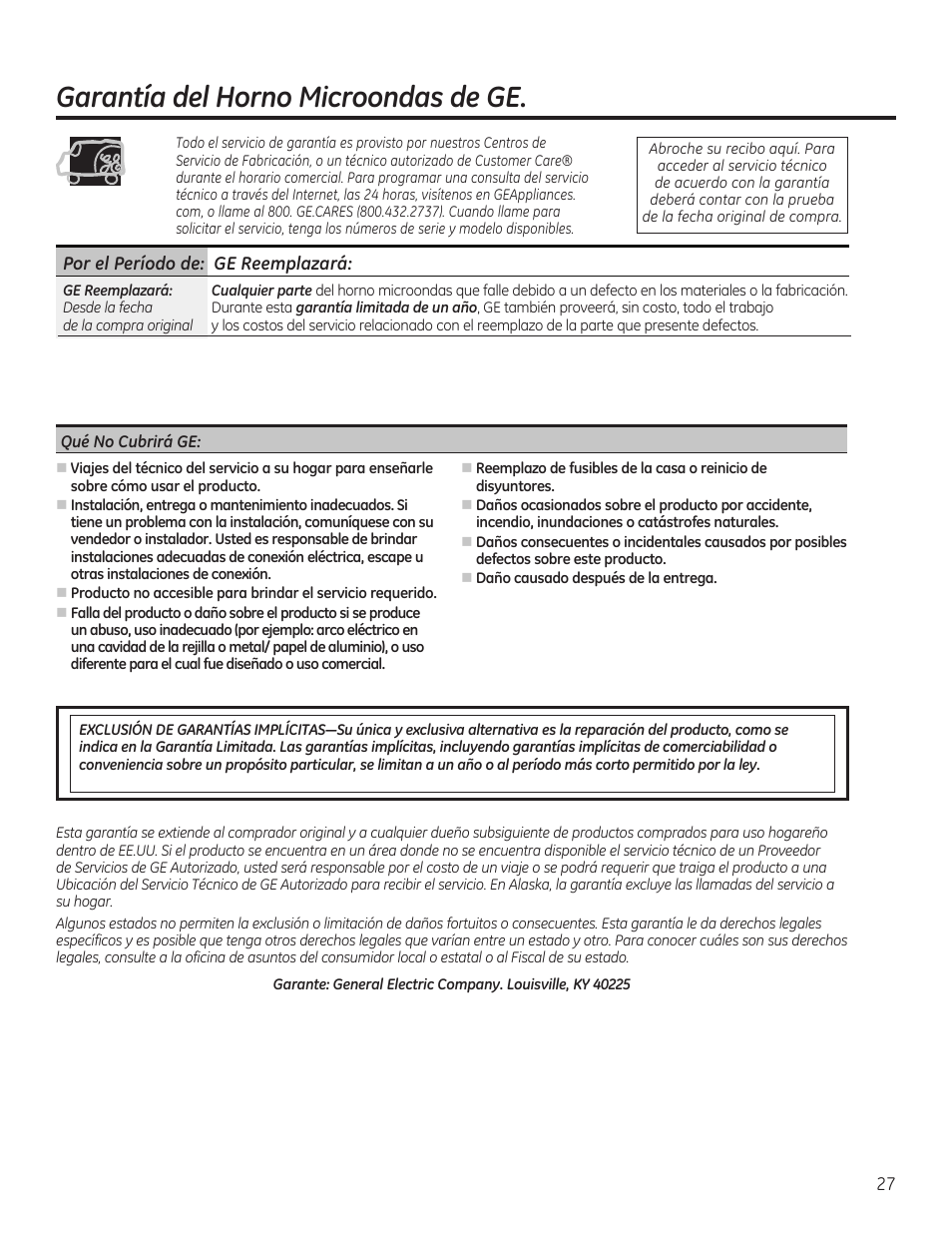 Garantía del horno microondas de ge | GE JVM6175RFSS User Manual | Page 59 / 60